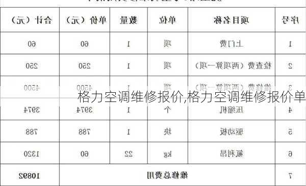 格力空调维修报价,格力空调维修报价单